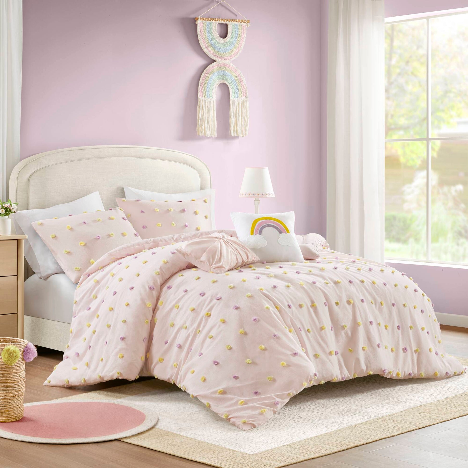 Callie - 5 Piece Full/Queen Pom Pom Comforter Set - Pink Multi