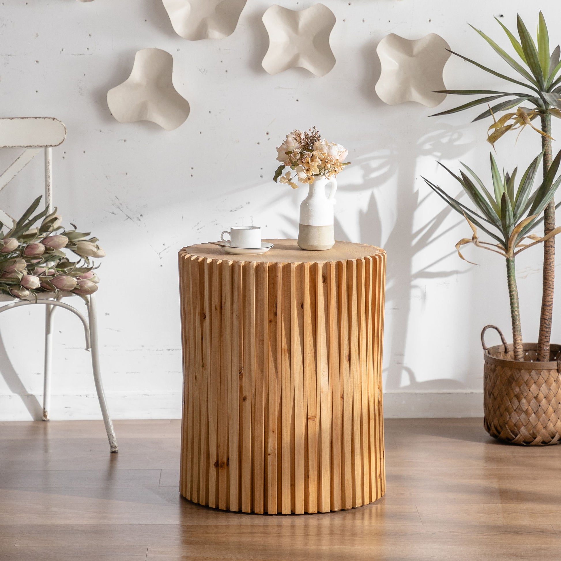 Cylindrical Side Table With Vertical Texture Relief Design - Natural
