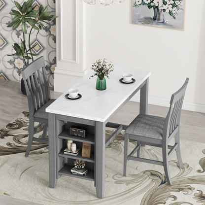 3-Piece Counter Height Dining Table Set With Built-In Storage Shelves, One Faux Marble Top Dining Table And 2 Counter Chairs With Footrest - Gray