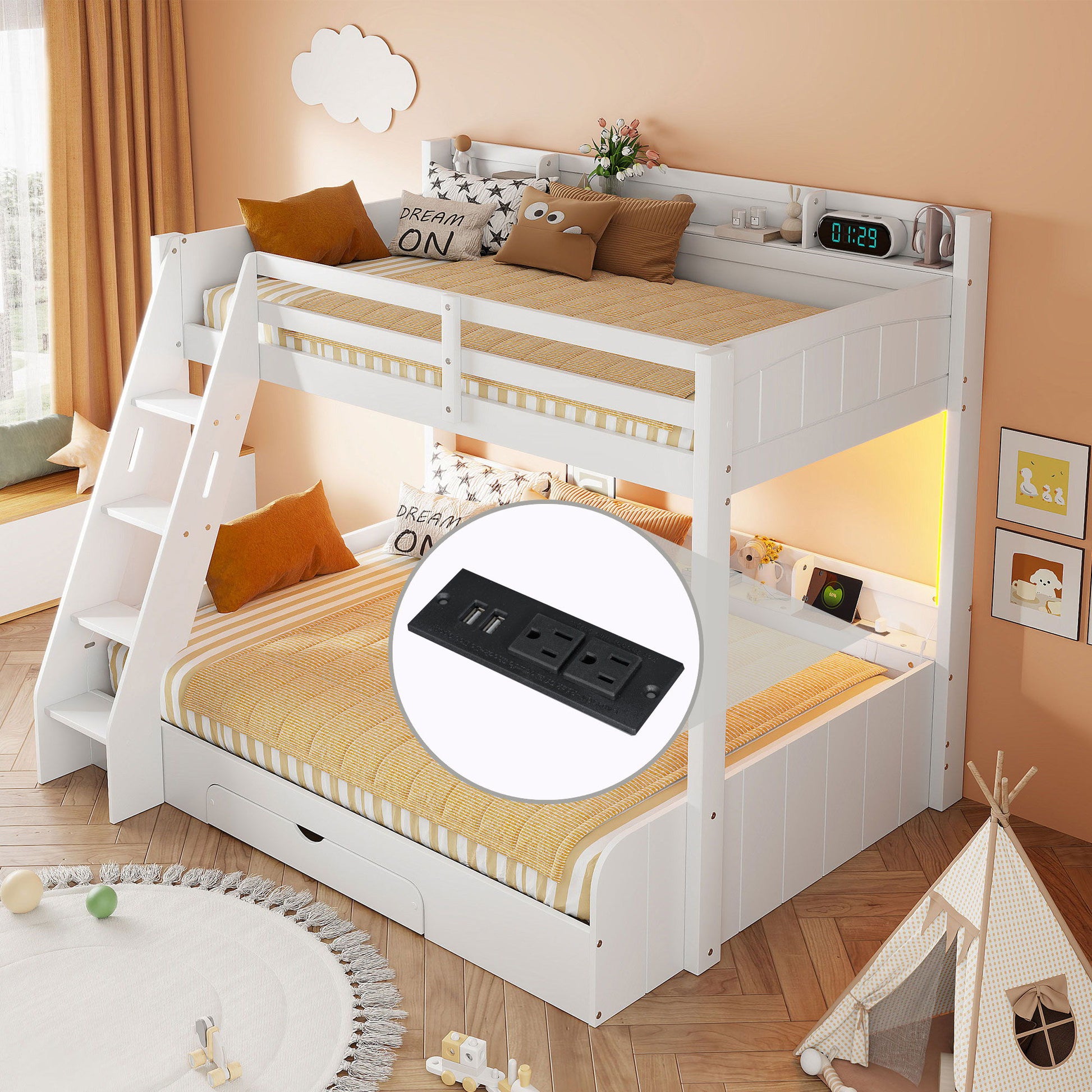 Bunk Bed With Storage Shelves, LED Lighting, Charging Station And Drawer