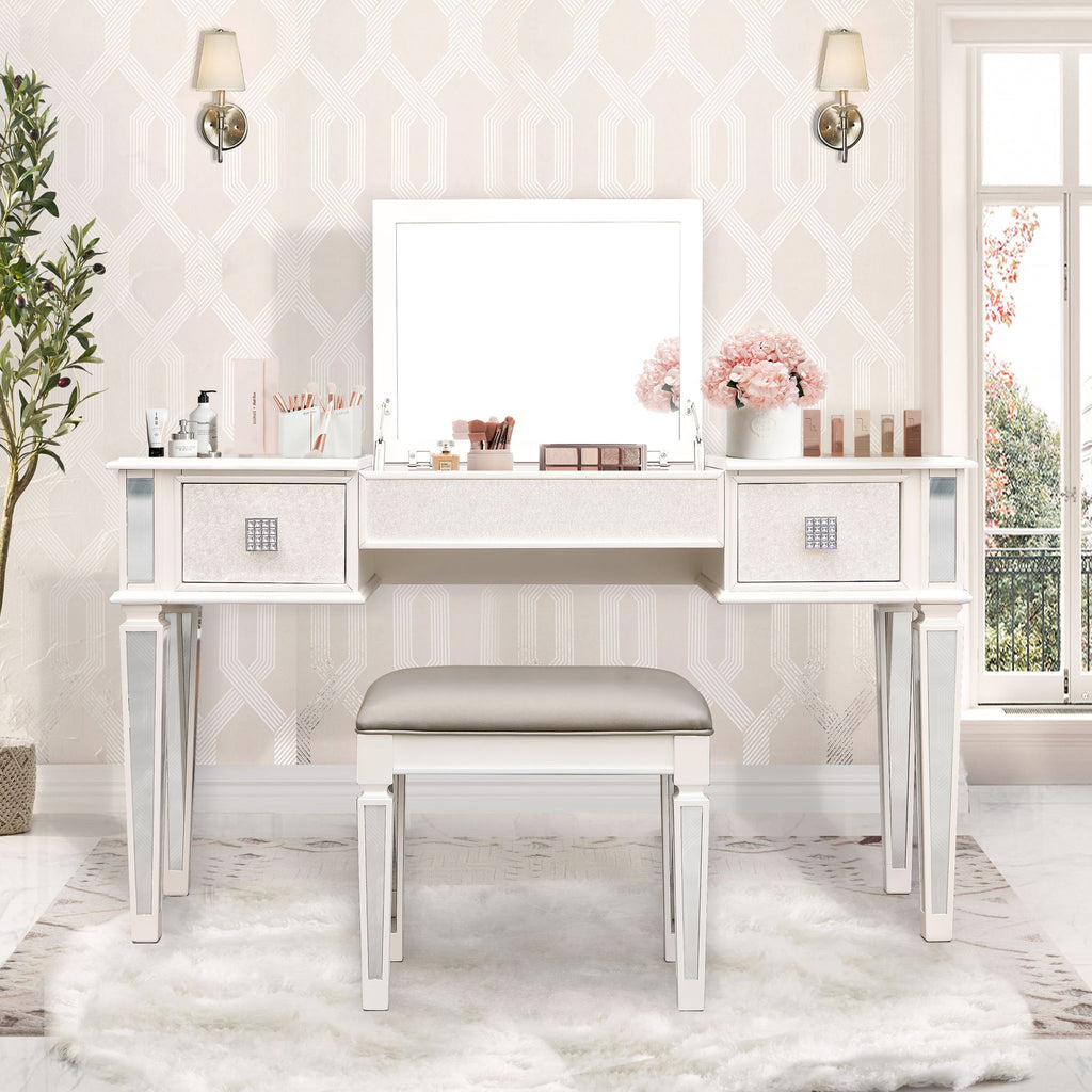 Mirrored Vanity Desk With Drawers And Stool, Flip Up Dressing Table Set For Makeup Room