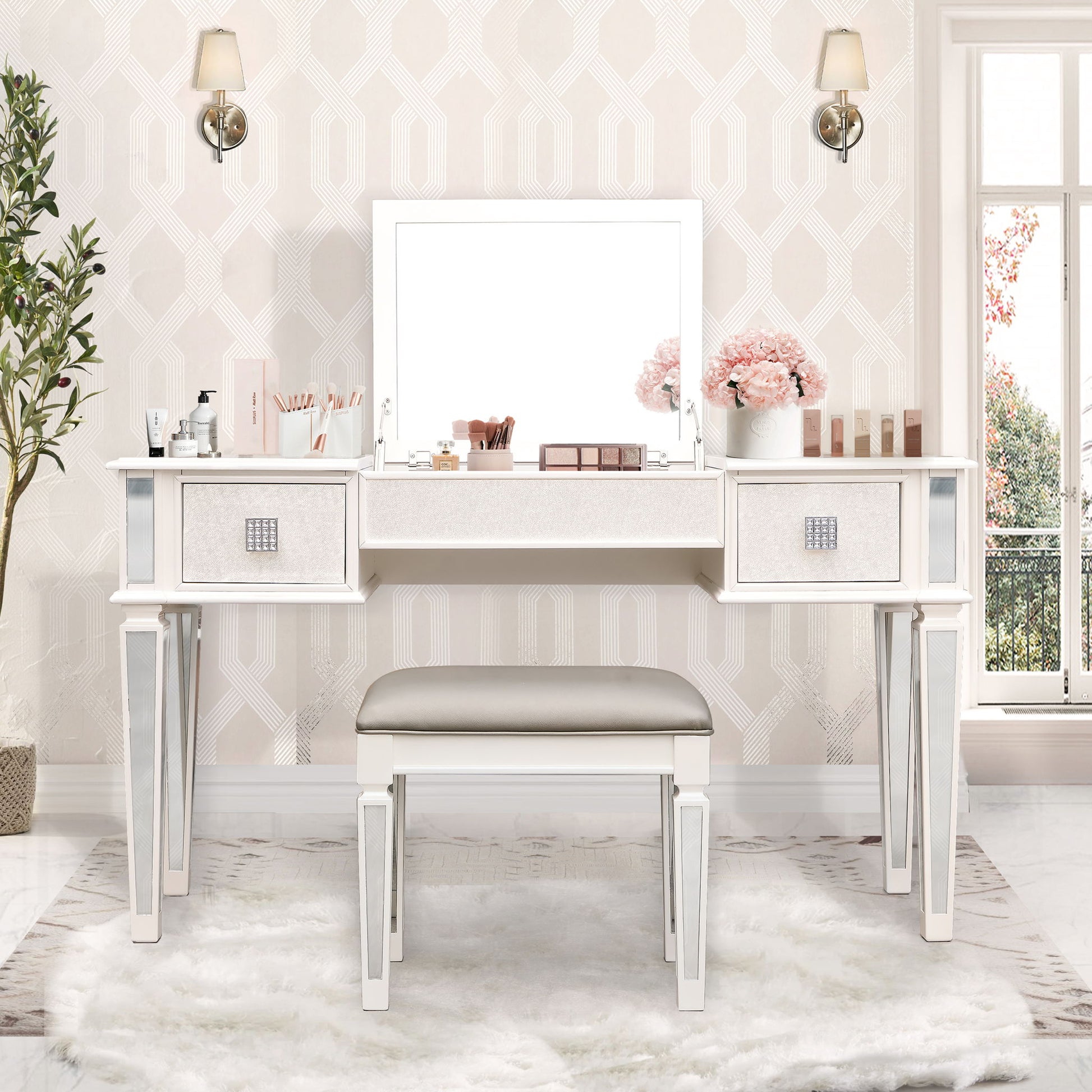 Mirrored Vanity Desk With Drawers And Stool, Flip Up Dressing Table Set For Makeup Room