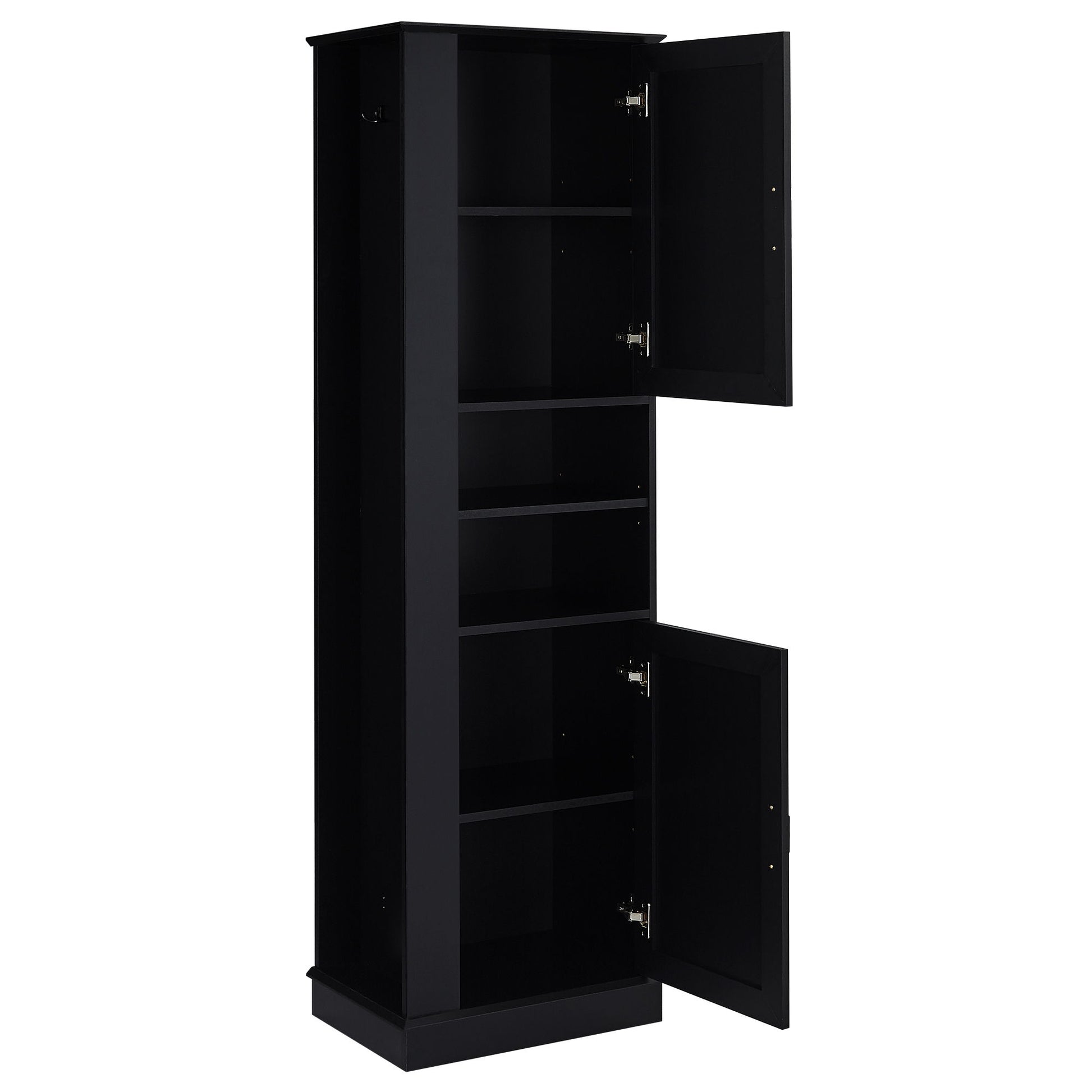 Tall Freestanding Bathroom Storage Cabinet With Adjustable Shelves And Side Hooks Board, Rectangle Design