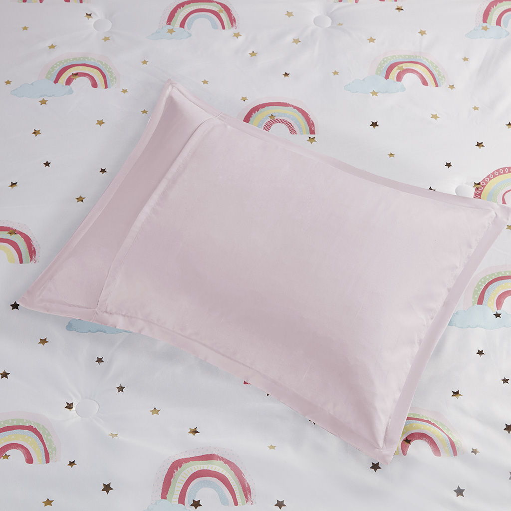 Alicia - Twin Rainbow And Metallic Stars Comforter Set With Bed Sheets - White