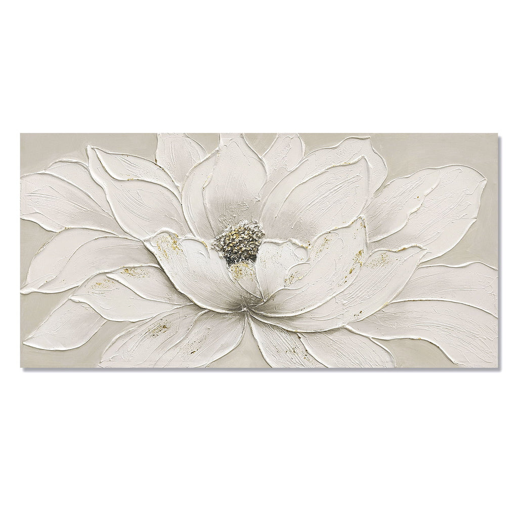Lotus Flower Canvas Wall Art, Hand Painted Textured Floral Painting - Antique White