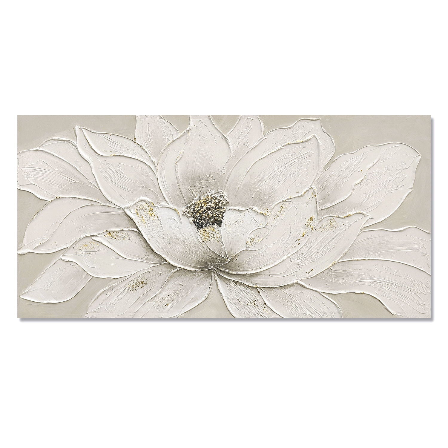 Lotus Flower Canvas Wall Art, Hand Painted Textured Floral Painting - Antique White