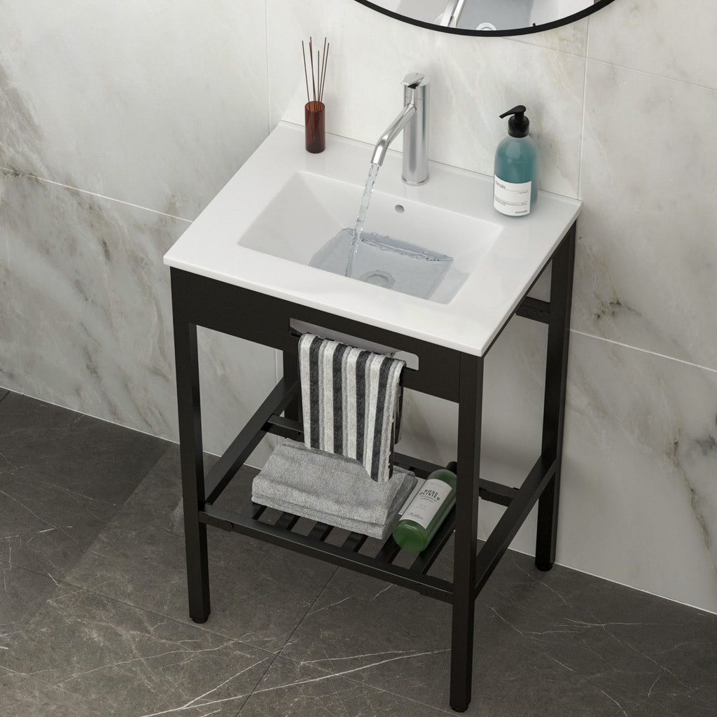 Console Sink With Legs, 24" X 18", Durable Porcela With Frame - White / Black