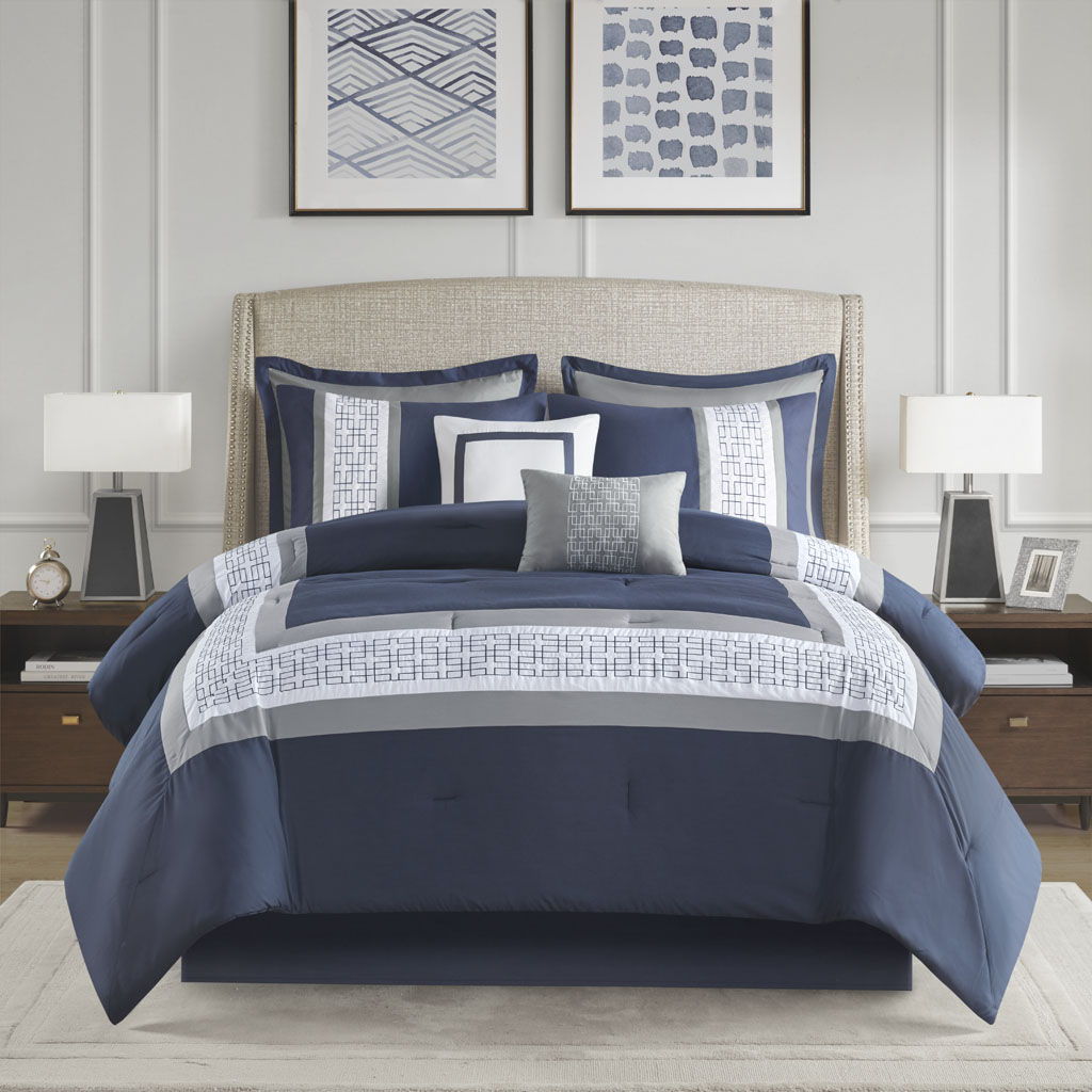 Powell - California King Embroidered Comforter (Set of 8) - Navy