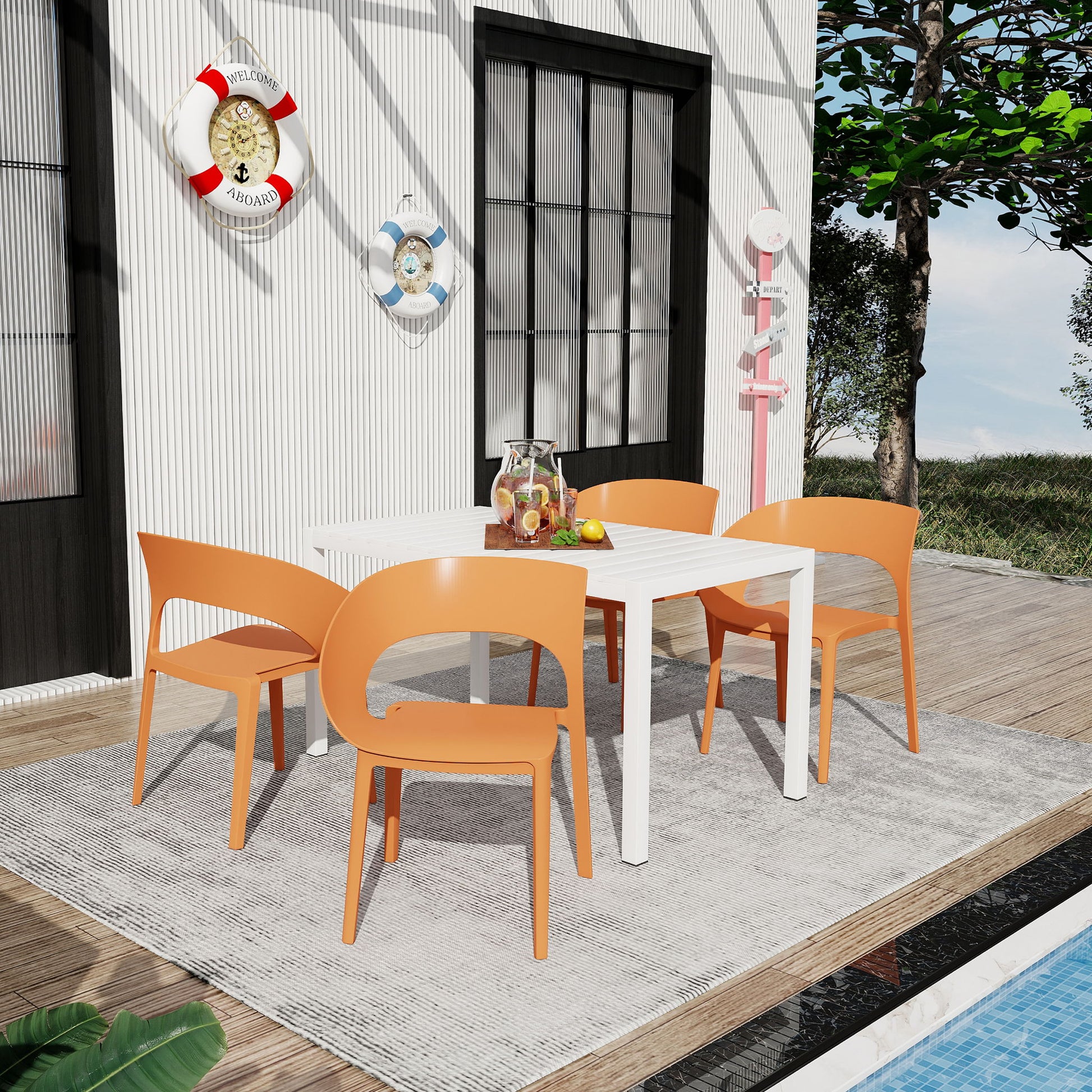 4 Piece Set Of Modern Designed Single Chairs With Long Table