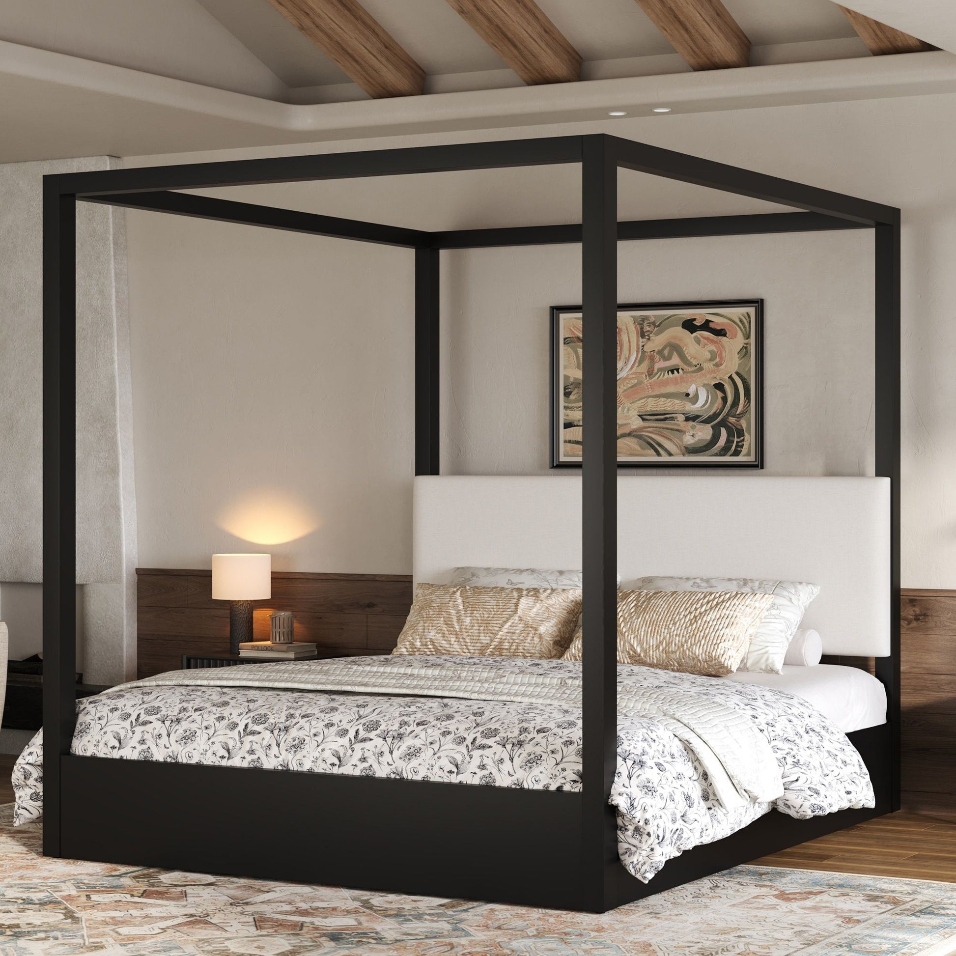 Canopy Platform Bed With Upholstered Headboard