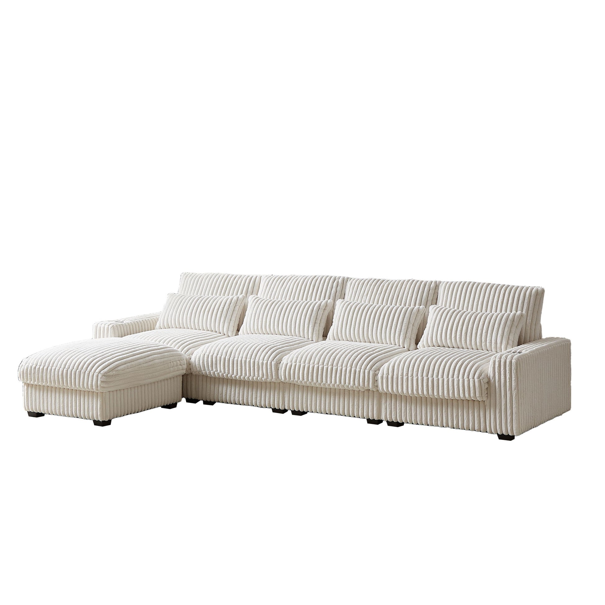 Corduroy With Cup Holder Super Large L Shaped Sofa, Movable Footrest, 4 Waist Pillows And 4 Back Cushion, With USB Port And Type - C Port - Beige