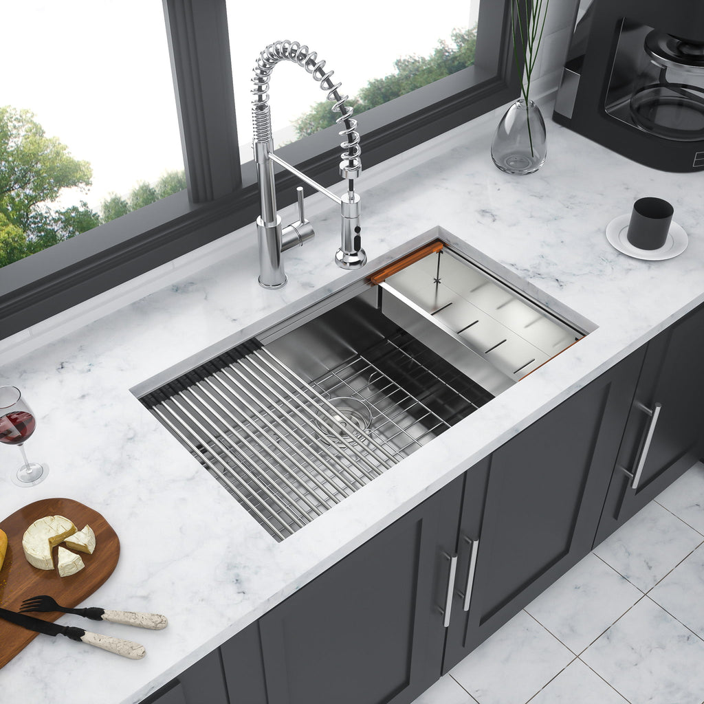 Premium Single Bowl Undermount Workstation Kitchen Sink With Accessories, Finish, 16 Gauge Stainless Steel - Brushed Nickel