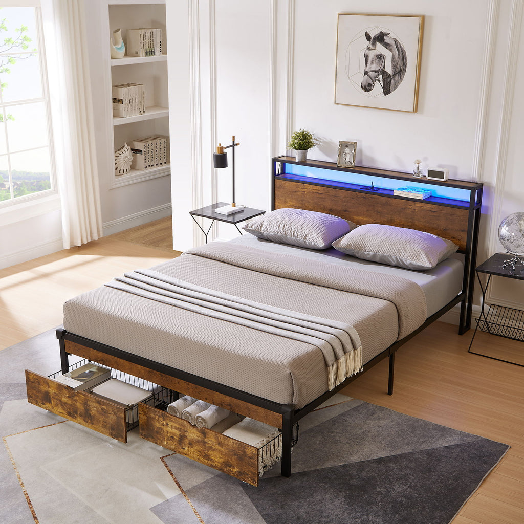 Modern Metal Platform Bed Frame With Wooden Headboard And Footboard, USB Charging Station, LED Lights, 2 Drawers