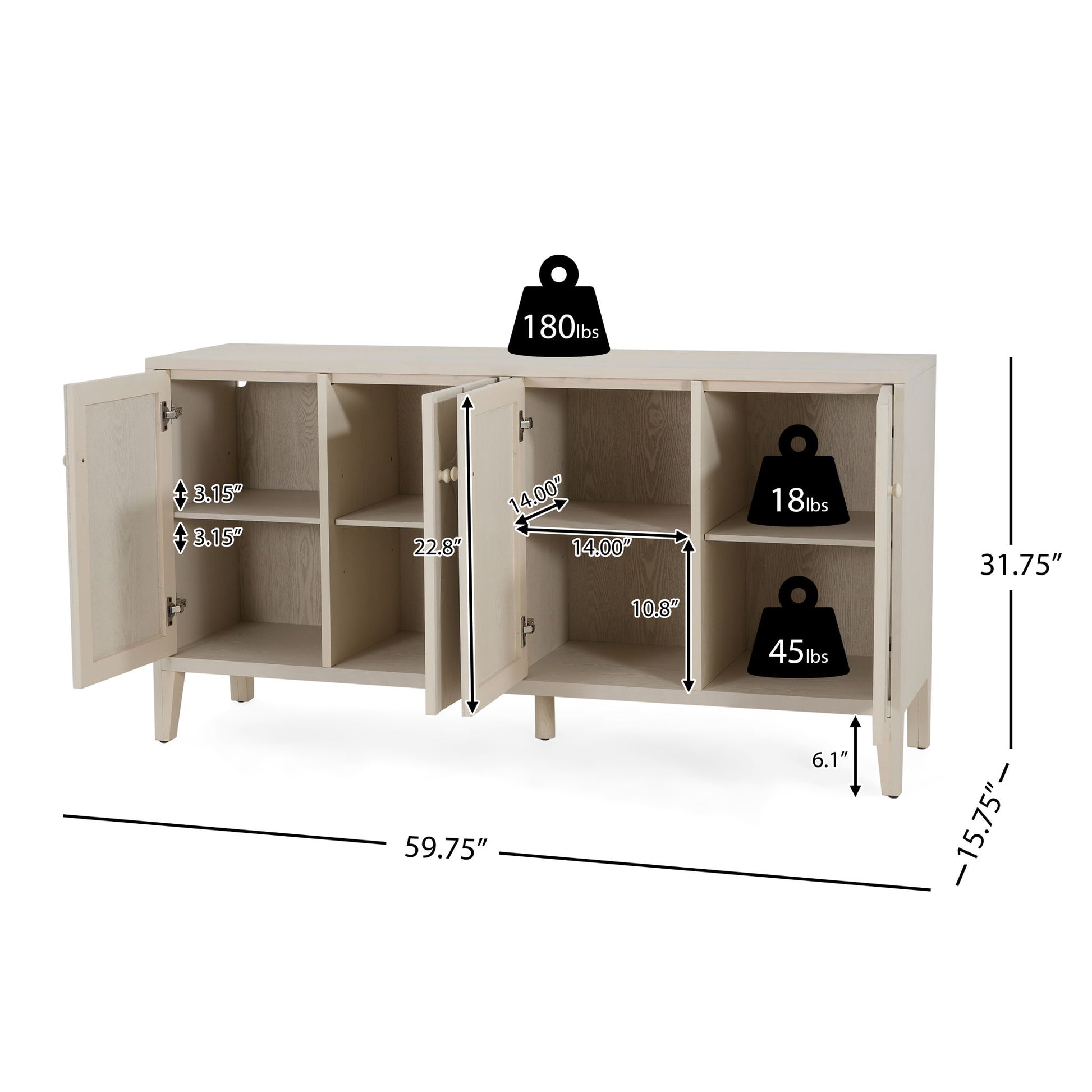 Wood Sideboard With Adjustable Shelves And Storage Cabinet - White Washed