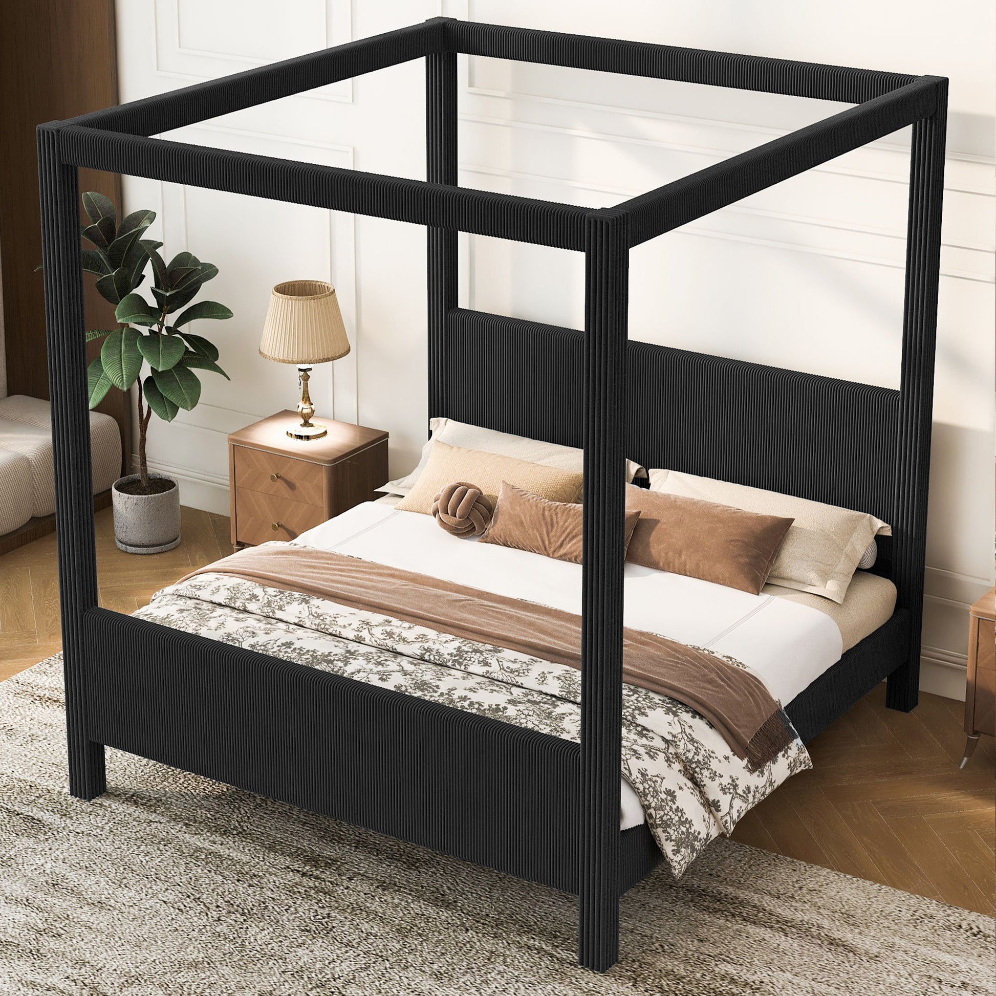 Upholstered Canopy Platform Bed With Headboard And Footboard, Vertical Ribbed Design