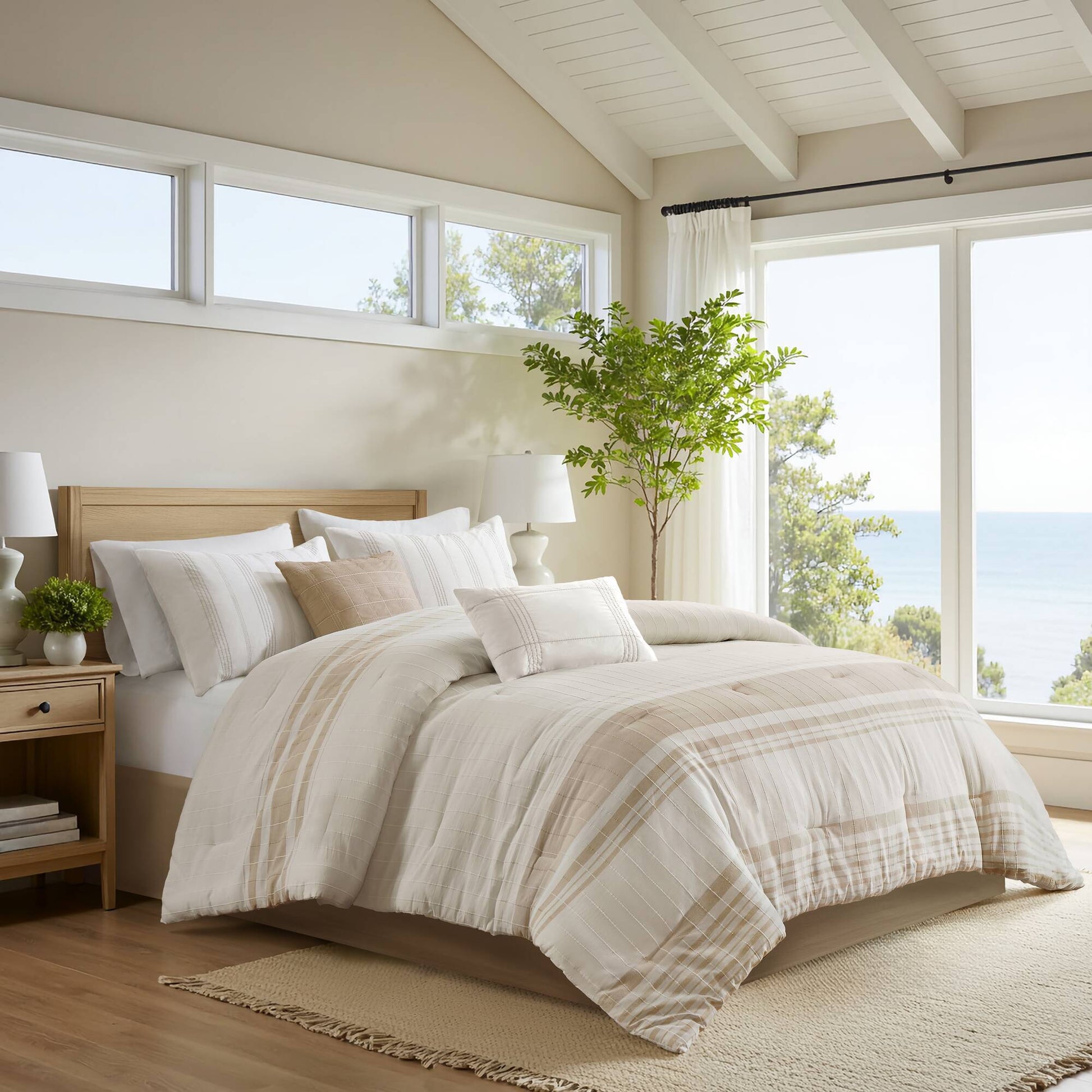 Morgan - 6 Piece Full Cotton Jacquard Oversized Comforter Set - Ivory / Taupe