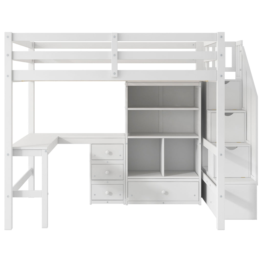 Loft Bed & L Shaped Desk, Drawers, Cabinet, And Storage Staircase