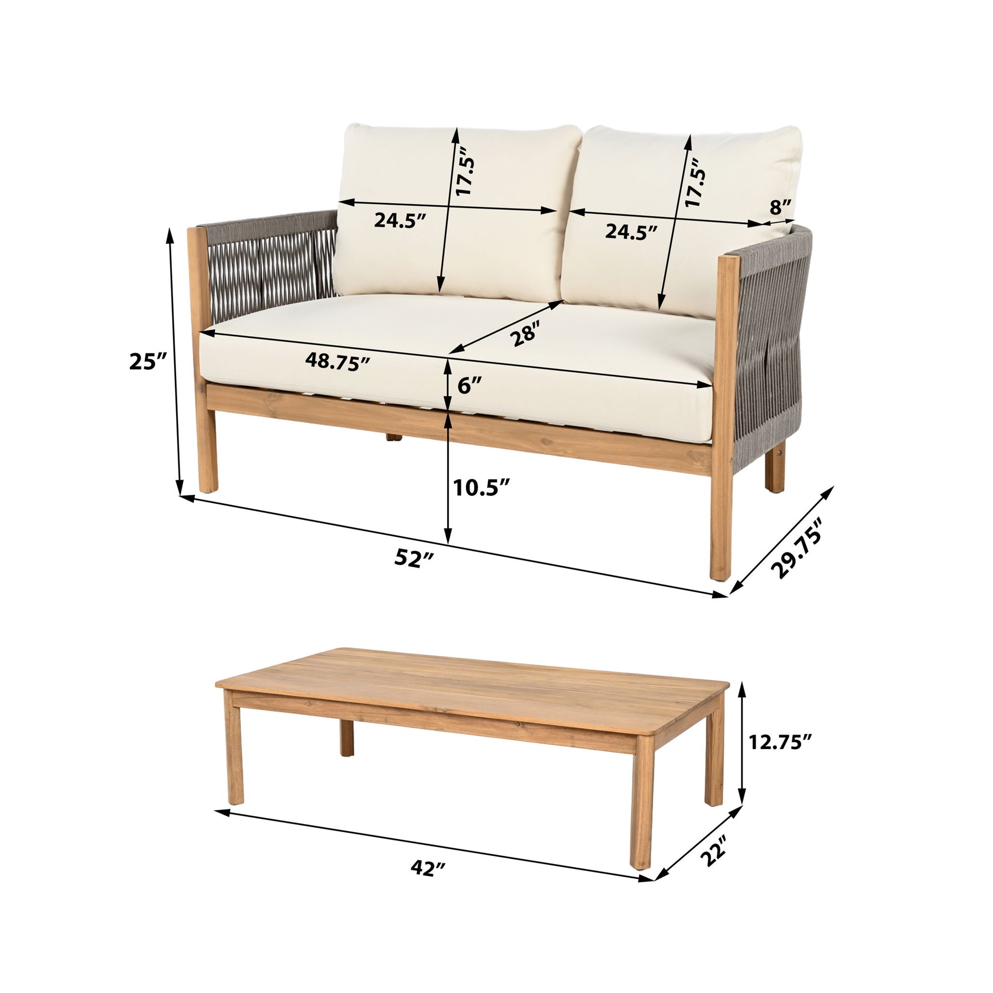 2 Pieces Outdoor Acacia Furniture Set, Woven Rope Outdoor Patio Loveseat, 2 Seat Deep Seating Group With Cushions And Coffee Table For Porch - Teak / Gray / Beige