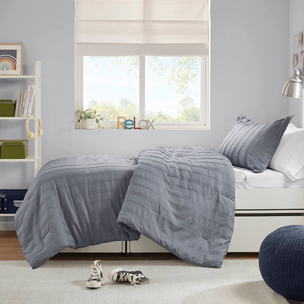 Logan - Twin/Twin Long Striped Duvet Set - Blue/Gray