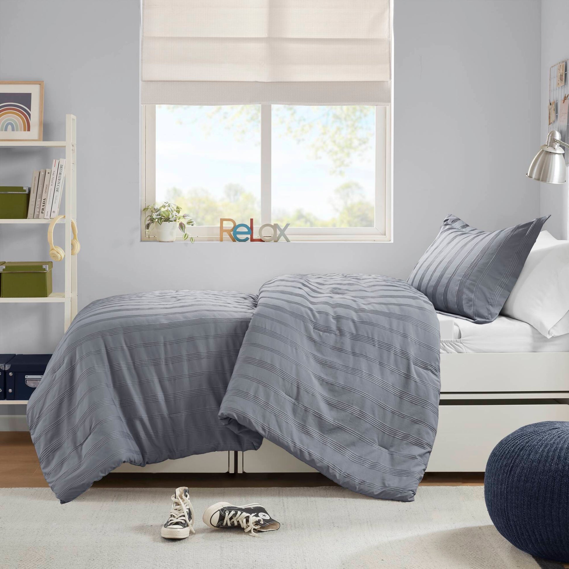 Logan - Twin/Twin Long Striped Duvet Set - Blue/Gray