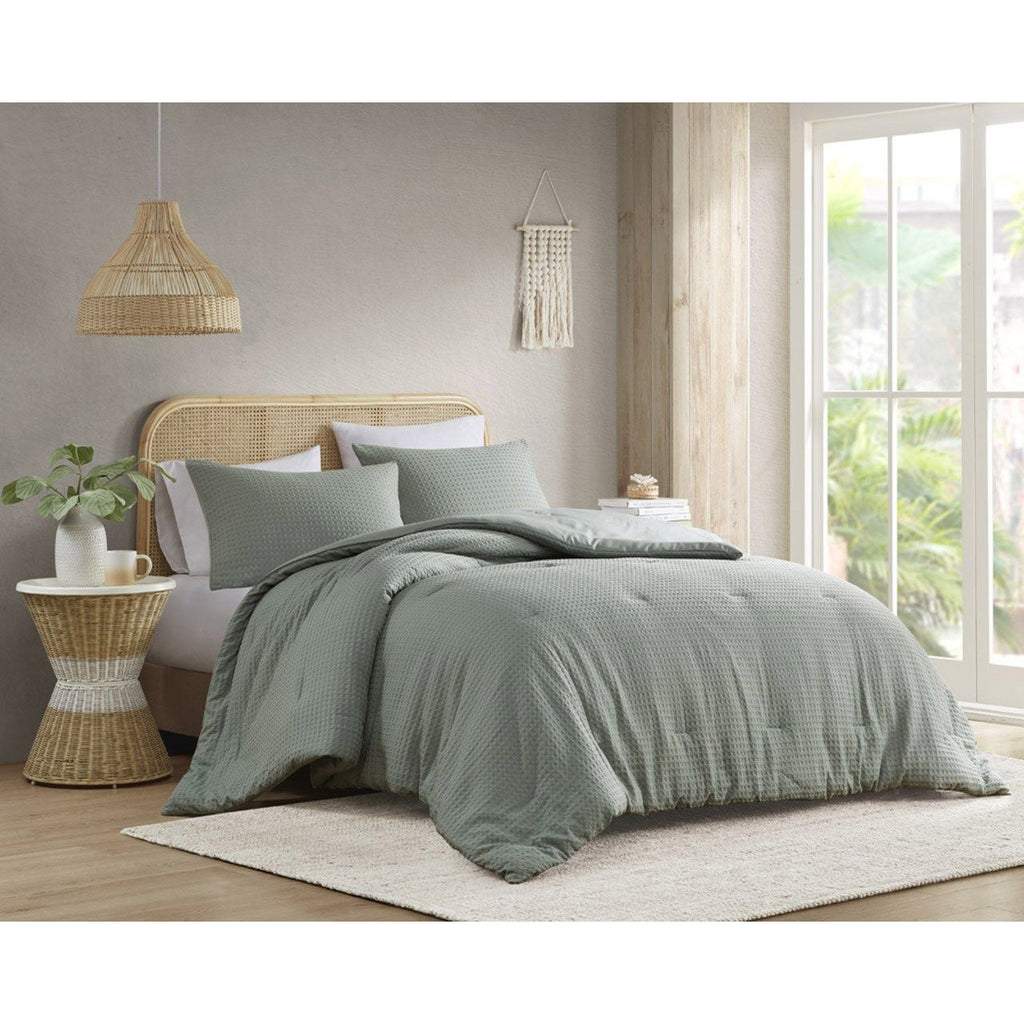 Mina - King/California King Waffle Weave Textured Comforter Set - Sage Green