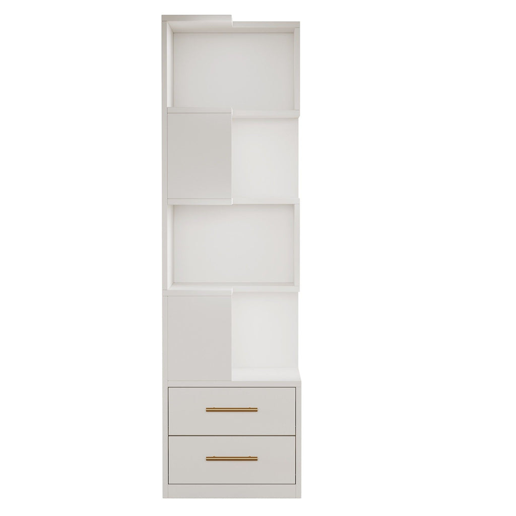 Corner Bookshelf With 2 Drawers, 5 Tier Bookcase For Apartment - White