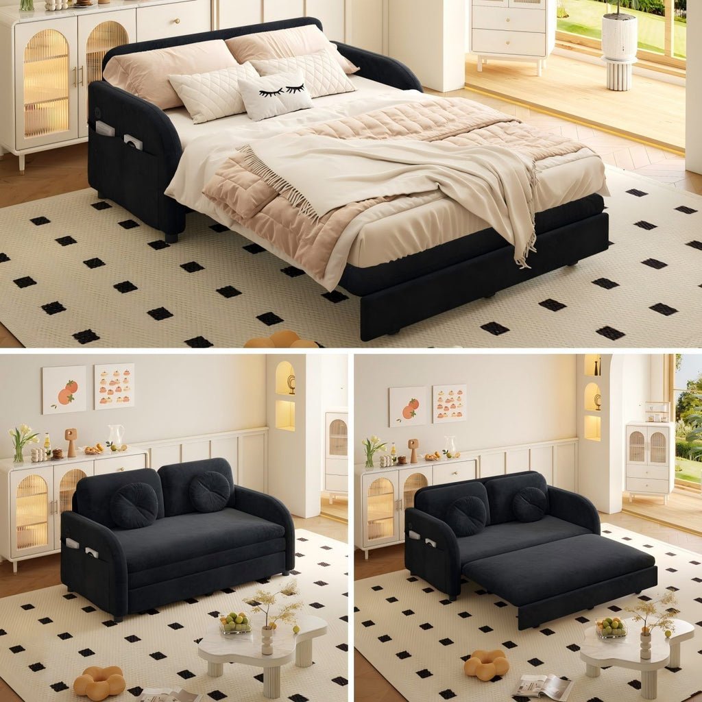 Upholstered Pull Out Couch With Side Pocket & USB Port