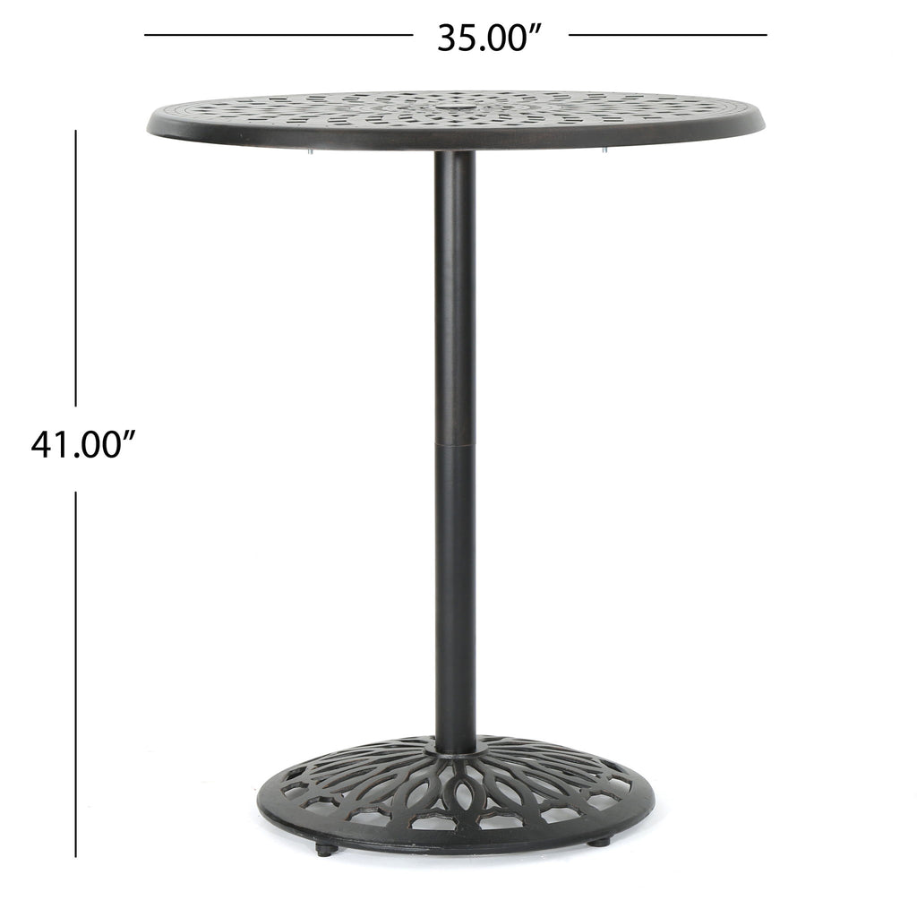 Elegant Cast Aluminum Round Bar Table With Romantic Filigree Design - Copper