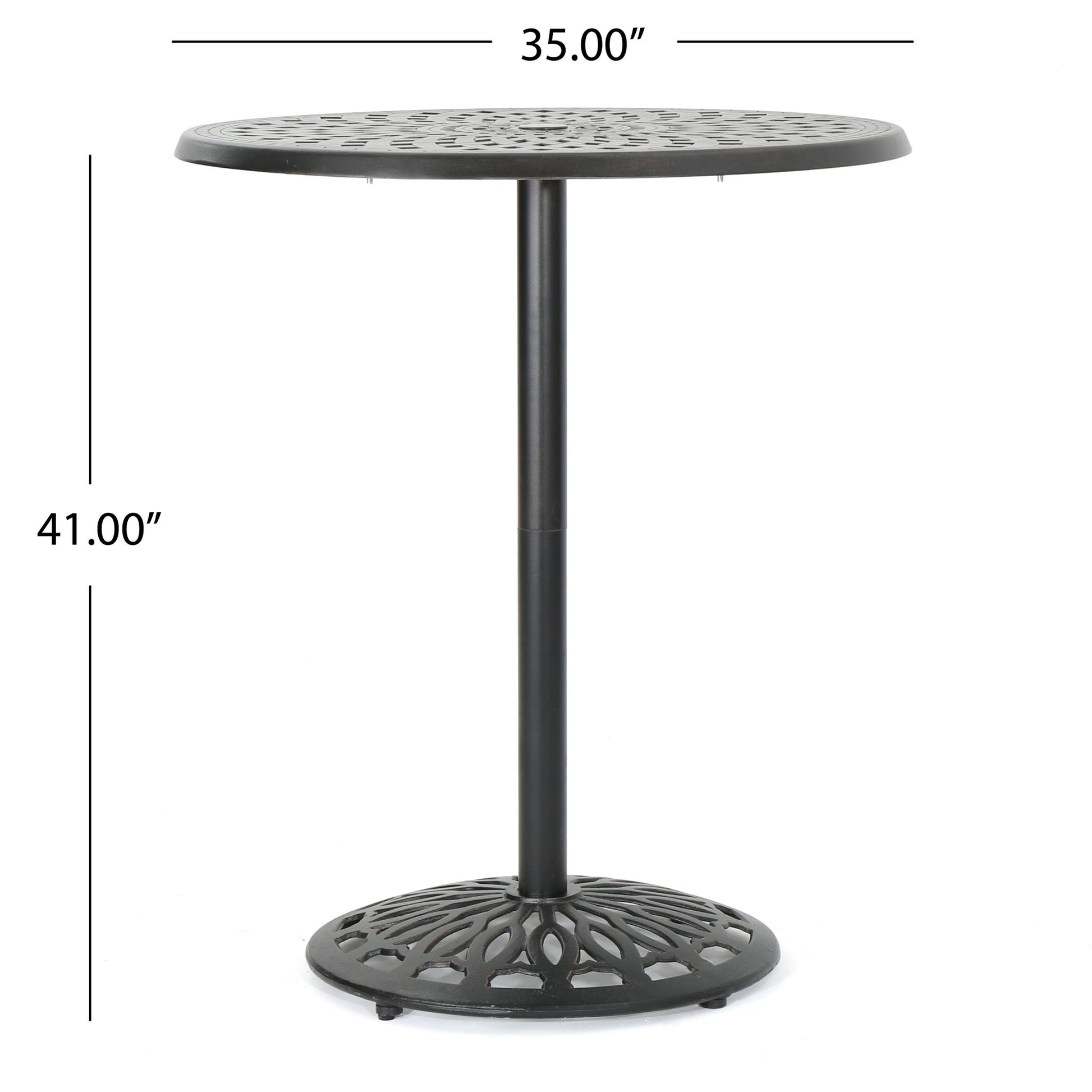Elegant Cast Aluminum Round Bar Table With Romantic Filigree Design - Copper