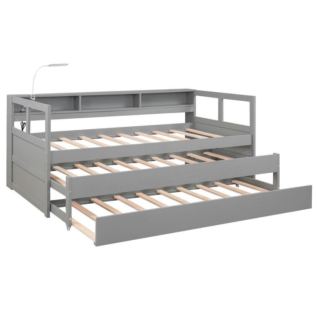 Daybed With 2 Trundles, 3 Storage Cubbies, Built In USB Charging Light