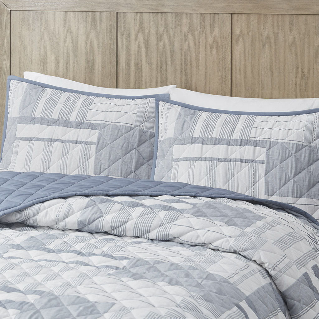Graham - 3 Piece Full Jacquard Patchwork Quilt Set - Blue