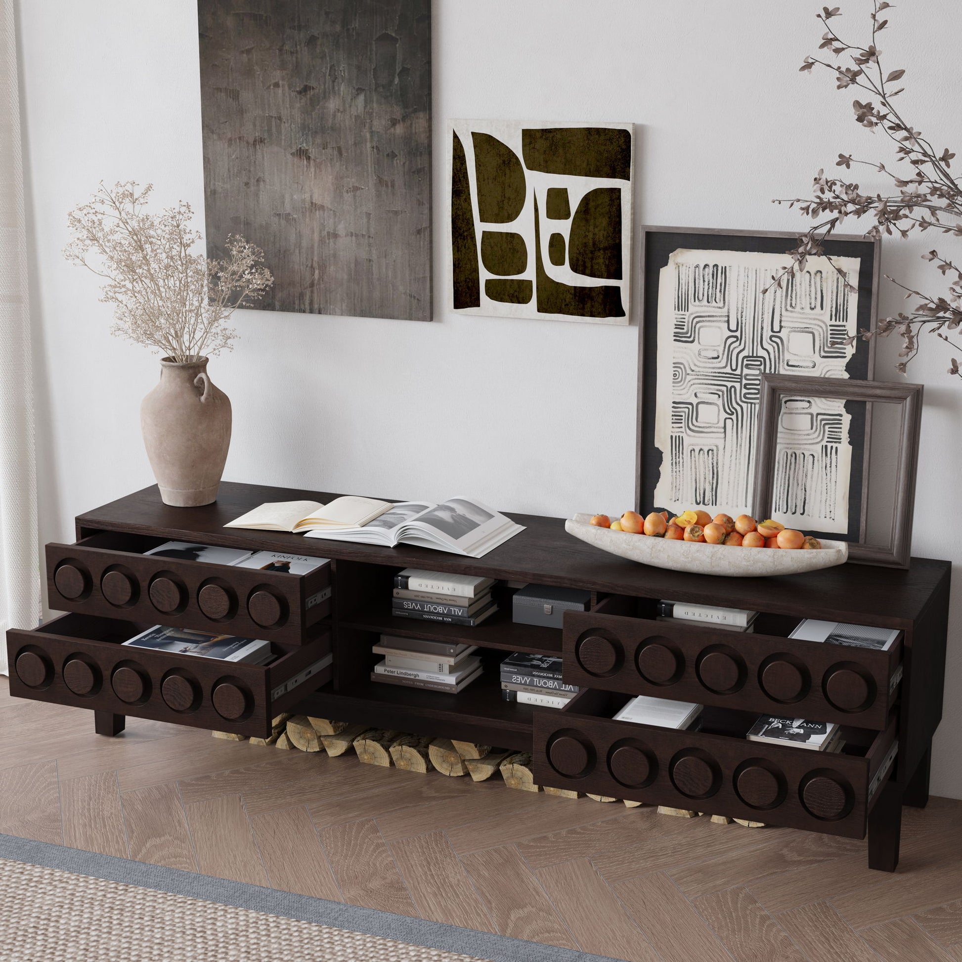 Media Console With 4 Drawers And Cable Management