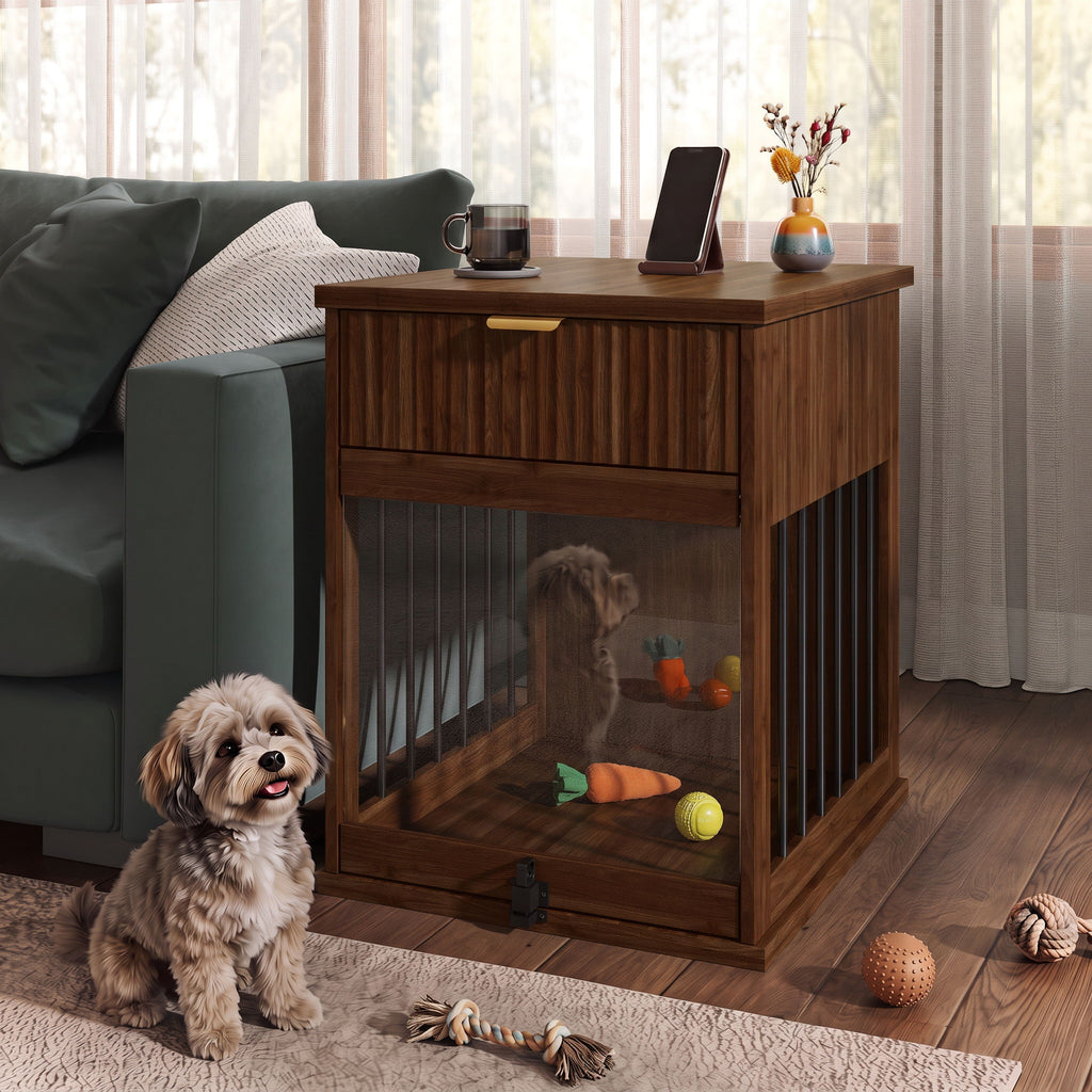 Dog Crate End Table With Charging Station - Antique Brown