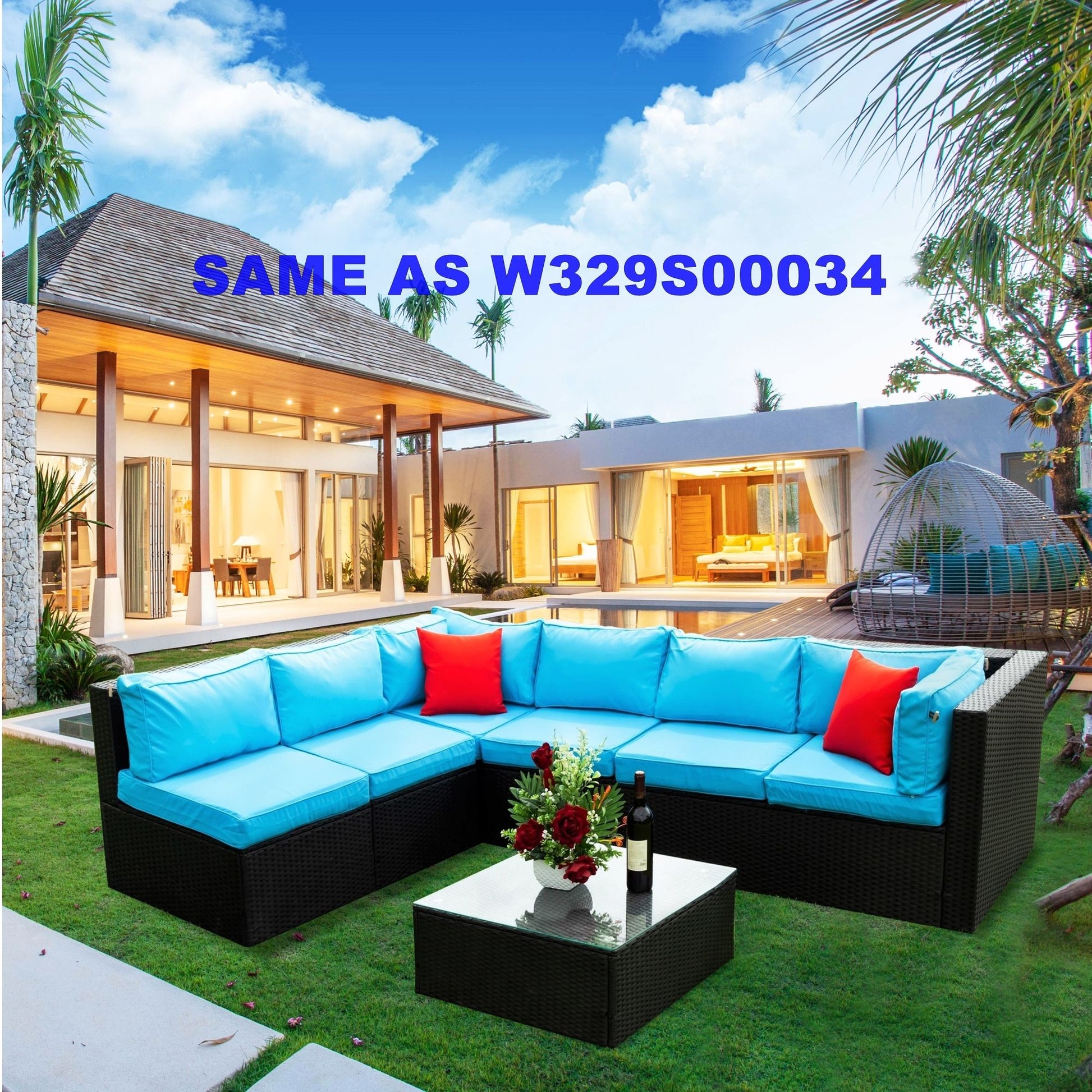 5 Pieces Rattan Sectional Outdoor Furniture Cushioned U Sof Set With 2 Pillow - Black / Blue
