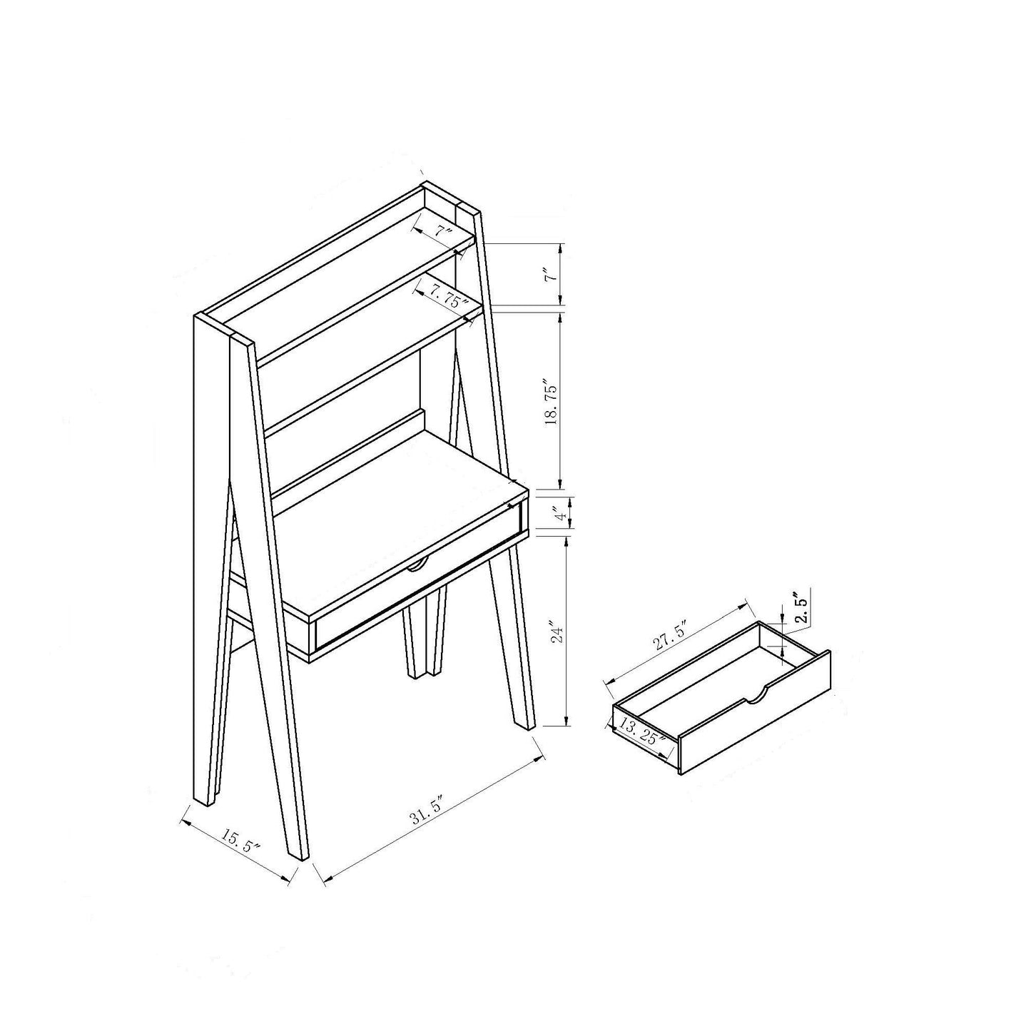 Ladder Desk, Home Office Study Desk With Drawer And Two Shelves