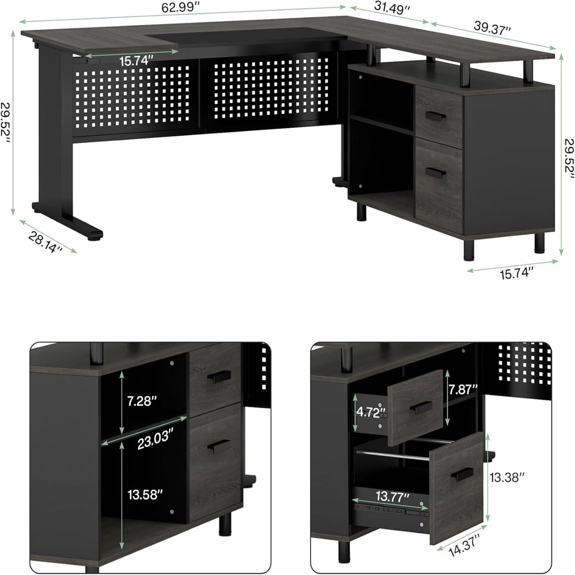 L-Shaped Executive Desk With File Cabinet, Office Workstation With Drawers, Shelves & Storage
