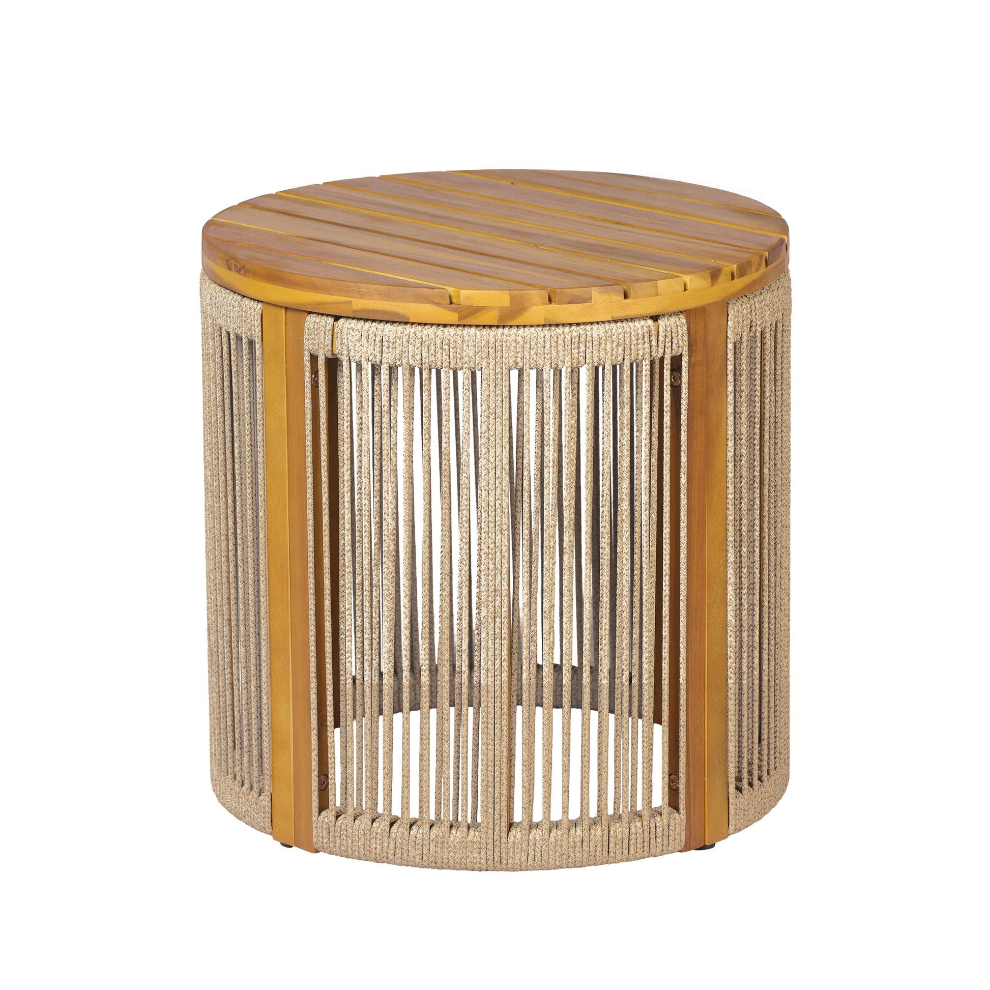 Round Side Table With Rope Detail For Patio - Brown / Teak