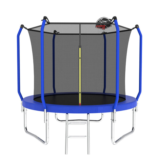 10' Trampoline With Basketball Hoop, Astm Approved Reinforced Type Outdoor Trampoline With Enclosure Net - Blue