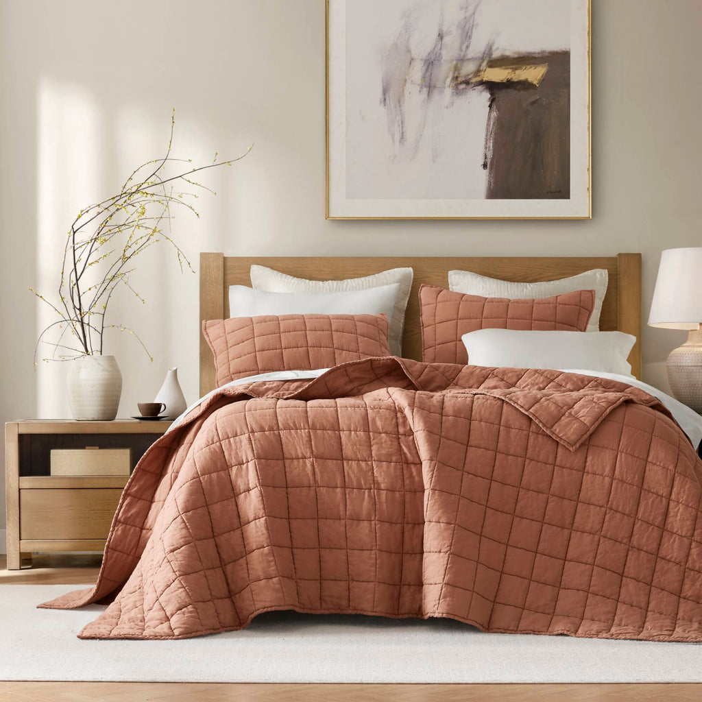 100% Linen - King/California King Linen Garment Washed Quilt Set - Clay