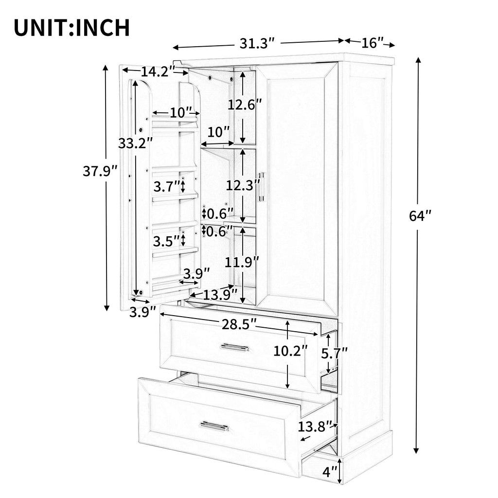 Tall Bathroom Storage Cabinet With 2 Doors And Drawers, Adjustable Shelf