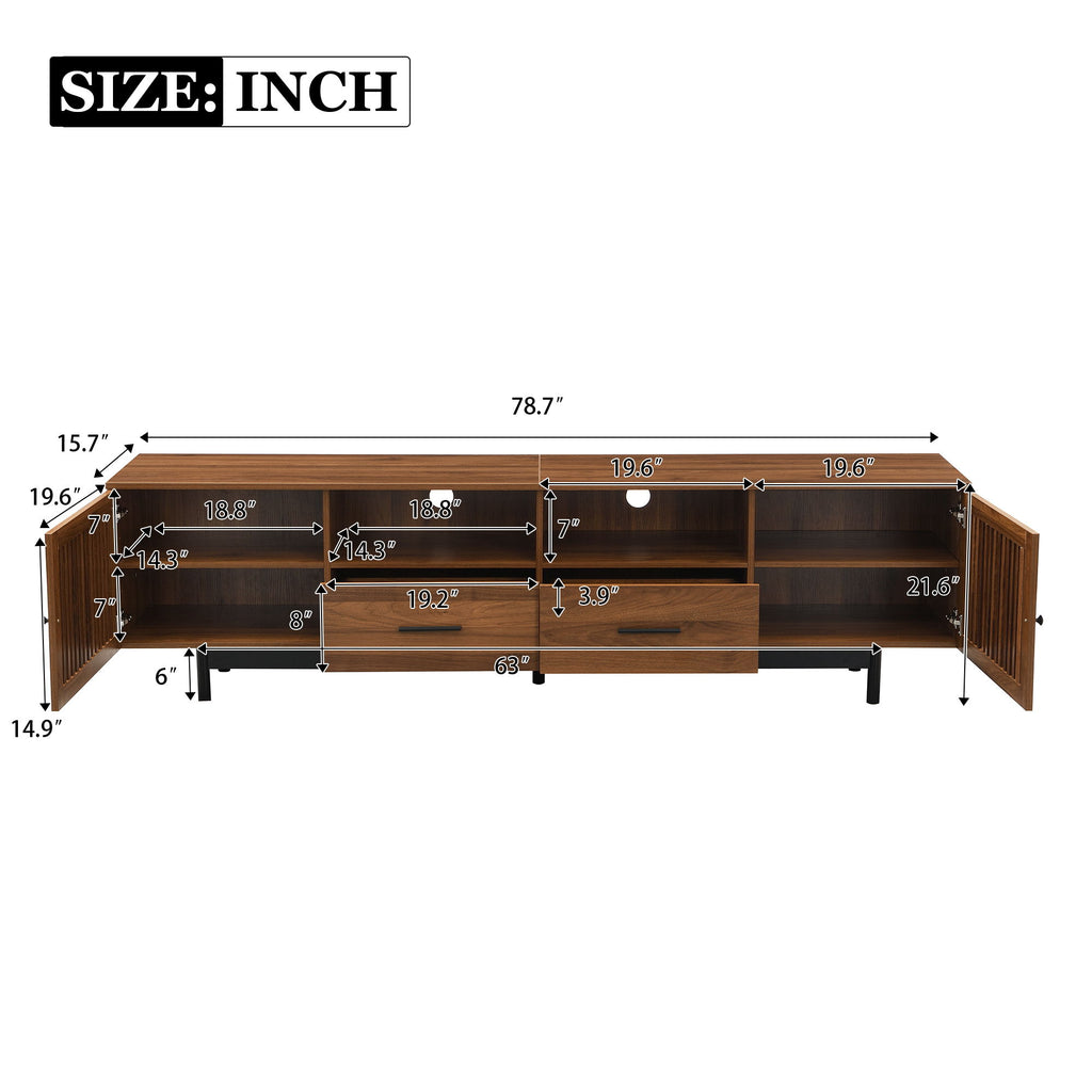 TV Stand, Media Console With 2 Drawers, Soft Closing Slatted Doors, Living Room Entertainment Center - Walnut