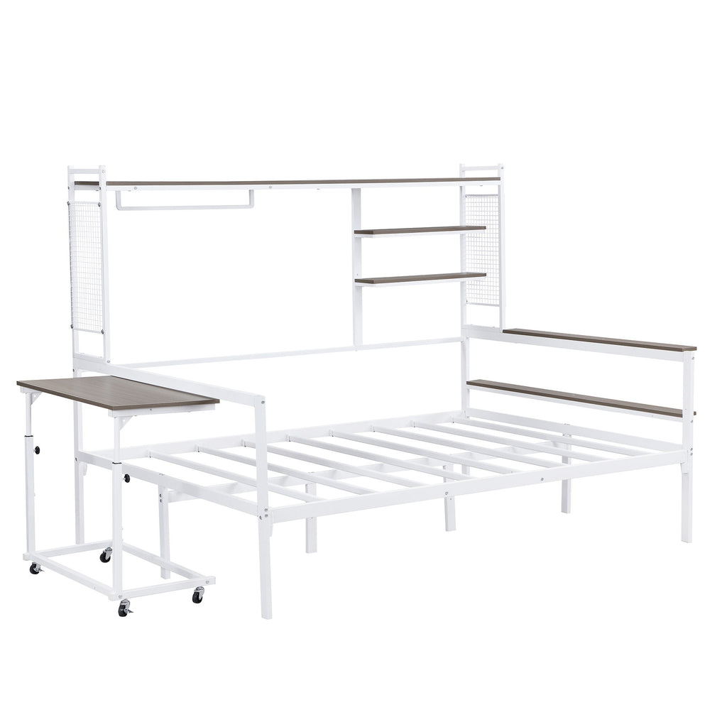 Daybed With Movable Desk, Grid, Shelves And Clothes Hanger