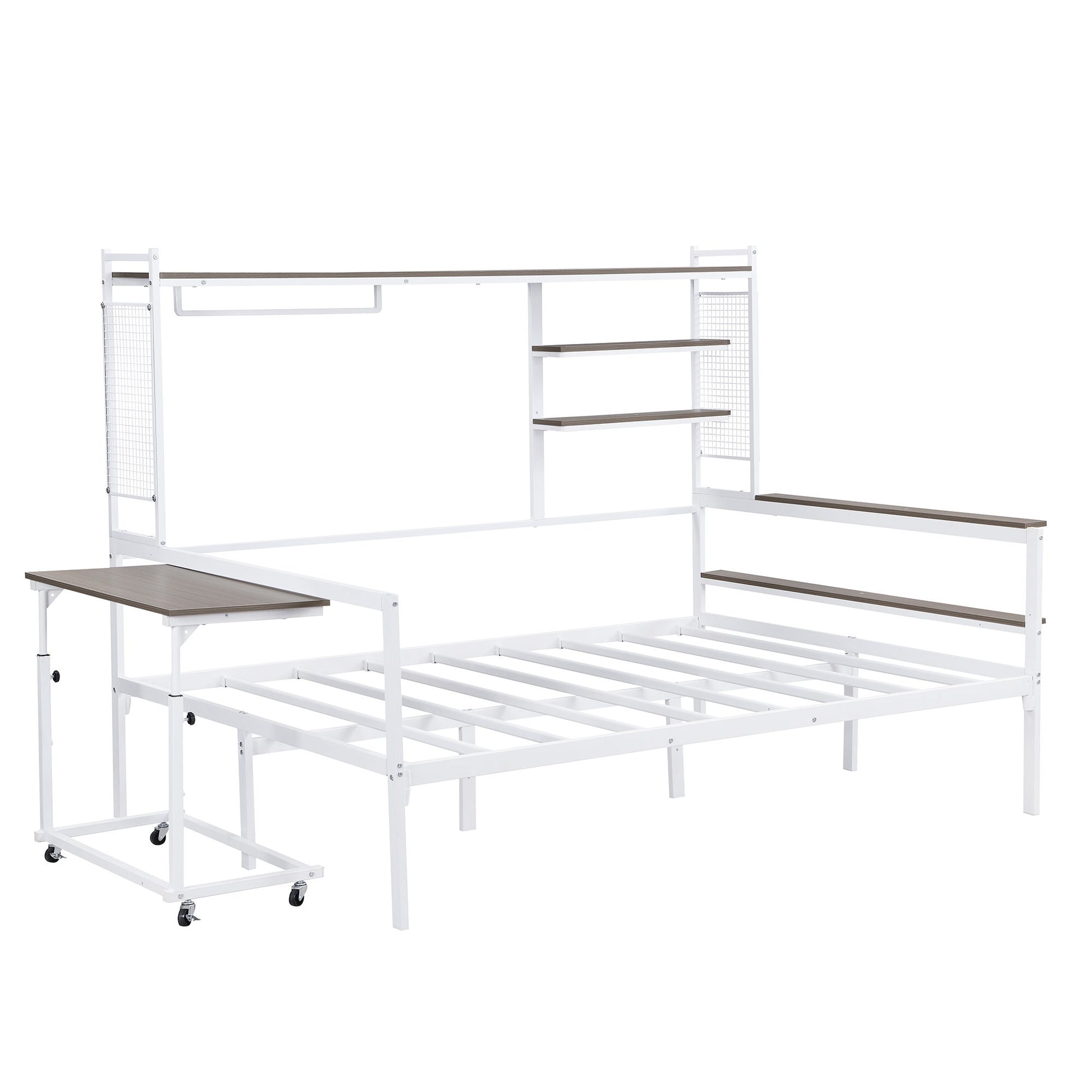 Daybed With Movable Desk, Grid, Shelves And Clothes Hanger