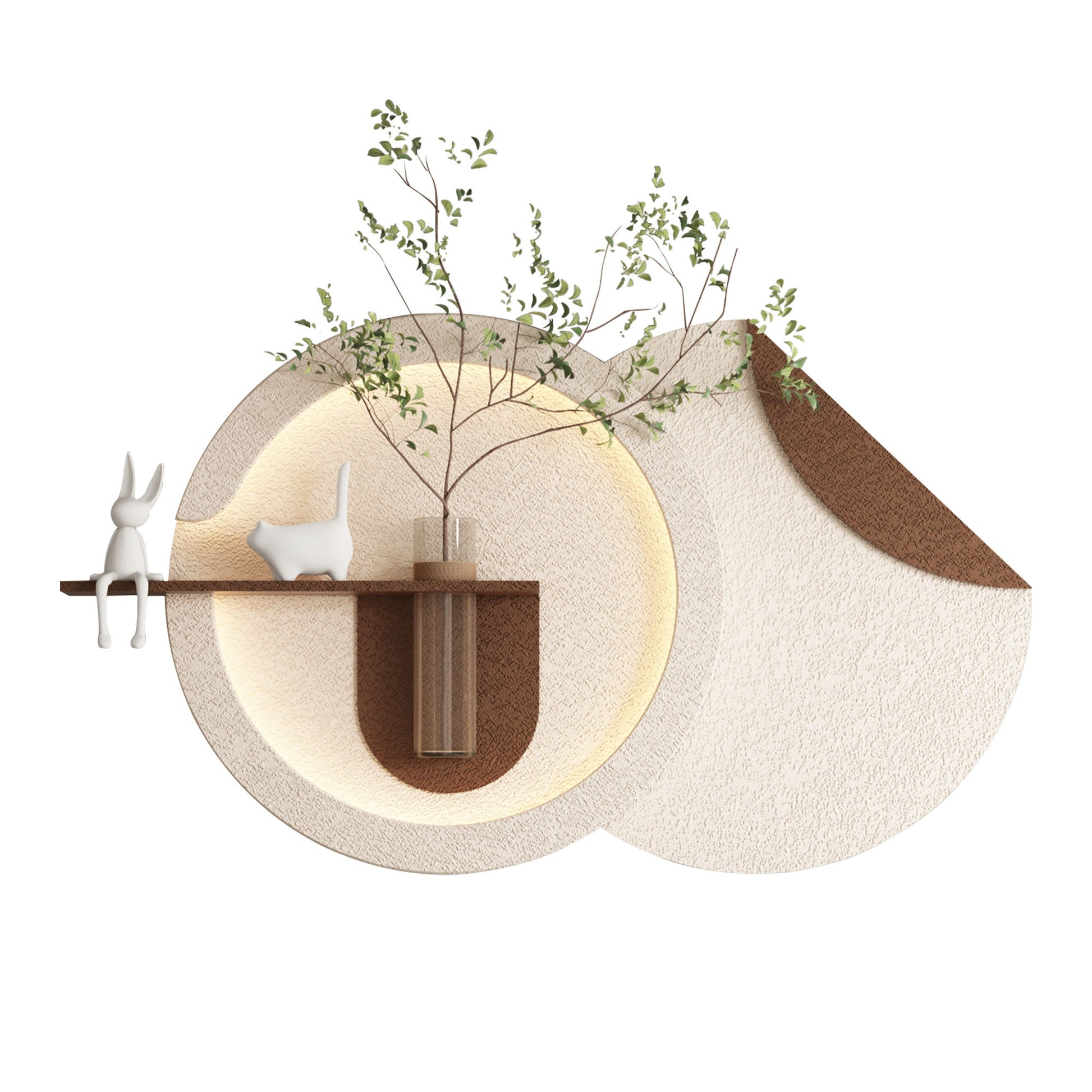 Adjustable 3 Color LED Sandstone Double Disc Wall Art With Simulated Greenery, Vase & Rabbit Statue - Light Coffee