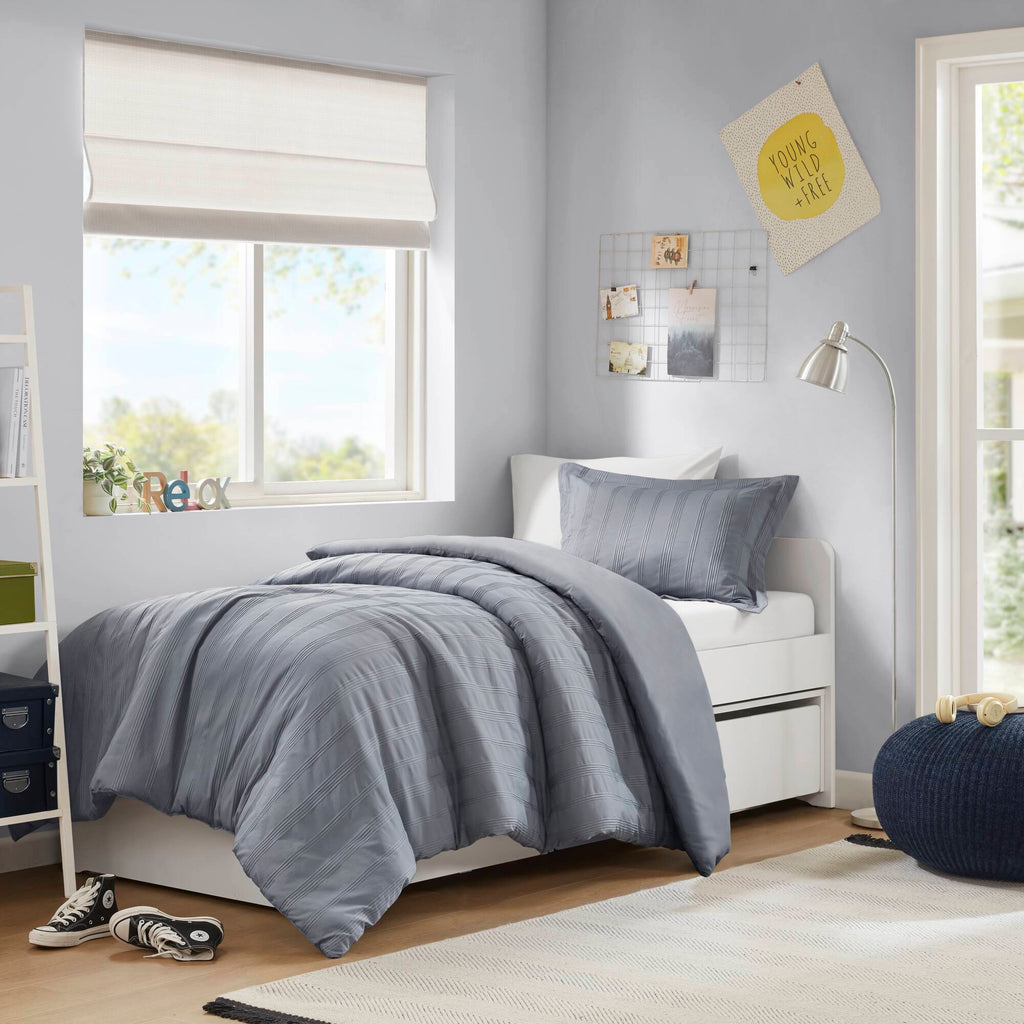 Logan - Twin/Twin Long Striped Duvet Set - Blue/Gray
