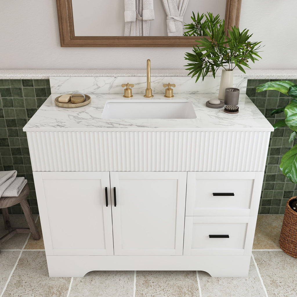 Bathroom Vanity Set, Fluted Cabinet, Soft Close Doors, 3 Faucet Holes, Sink Included - White