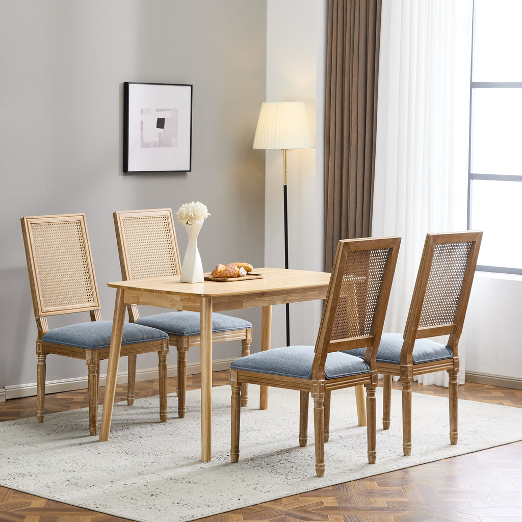 French Country Dining Chair With Rectangular Cane Backrest And Smooth Upholstered Seating