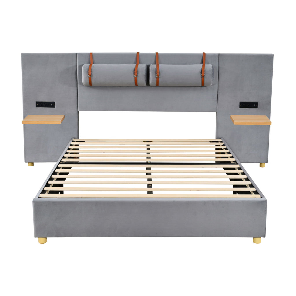Upholstered Platform Bed, 2 Outlets And USB Charging Ports On Both Sides, 2 Bedside Pillows, Storage Shelves