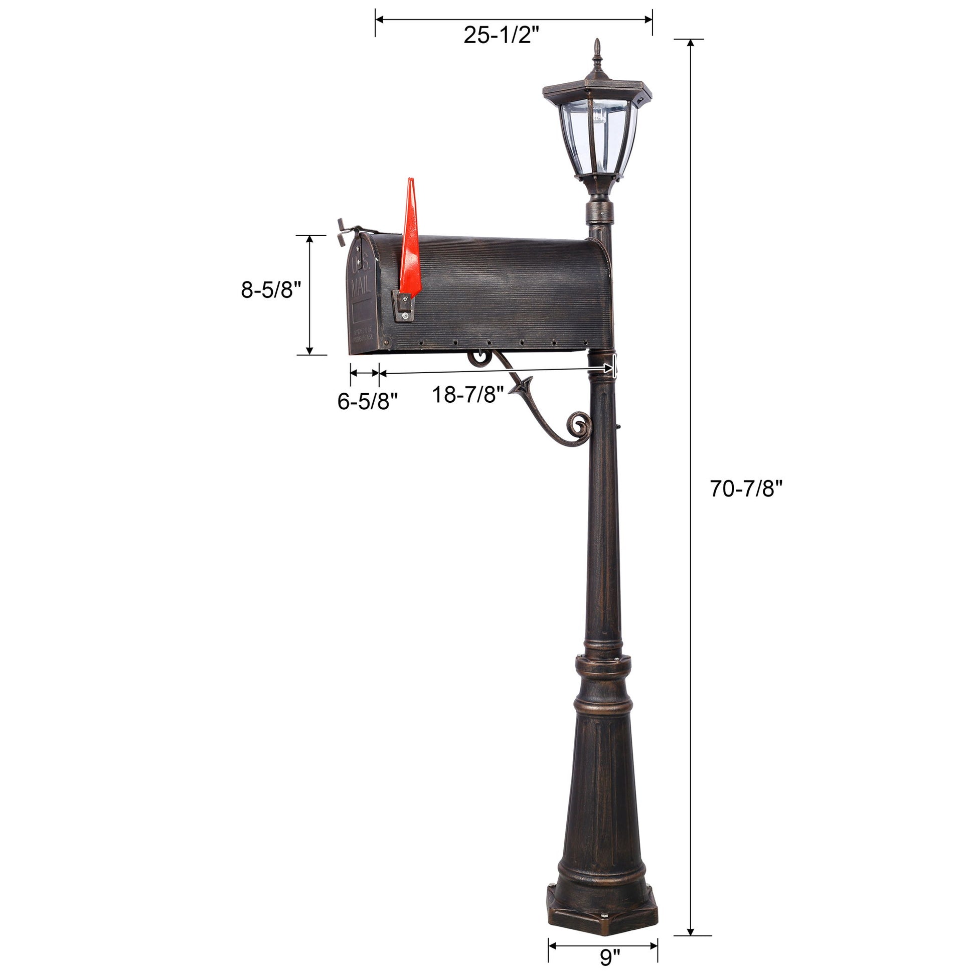 Stratford - Heavy Duty Cast Aluminum Mailbox With Post And Solar Light, Fluted Base, Decorative Modern Mailbox - Brown