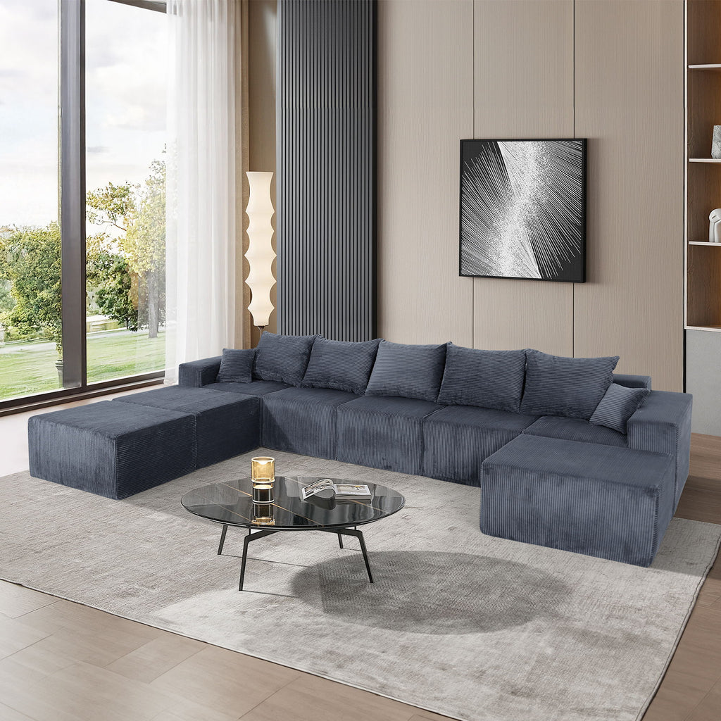 Luxury 8 Piece Modular U Shaped Sectional Sofa With Oversized Chaise Lounge And Bed Corduroy Upholstery